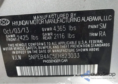 2014 Hyundai Sonata Gls z USA, uszkodzony, nr VIN 5NPEB4AC5EH823033